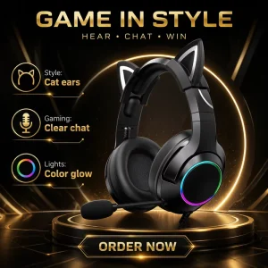 Child RGB DJ Use Gaming Headphones Kids Wired Black Cat Ears Headset with Balanced Armature Waterproof Travel