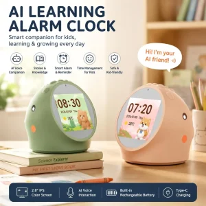Children AI Alarm Clock with TF Card 2.8 Inch Touch Screen Learning Clock Voice Assistant Study Timer Gift for Kids