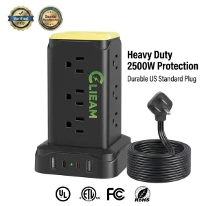 Clieam 12 Outlets US Power Tower PD 20W 2A2C USB Ports Extension Cord Socket