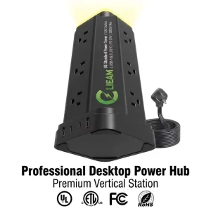 Clieam 2500W US Standard Power Tower Surge Protector with Smart Night Light 12 Way Outlets