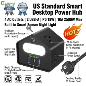 Clieam 4 AC Outlets US Power Strip with Smart LED Night Light PD 18W Fast Charge Desktop Power Station