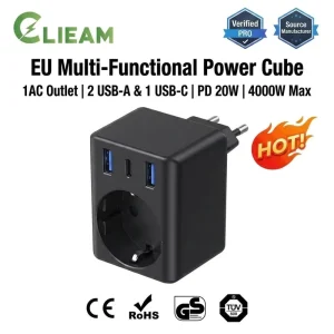 Clieam EU Multi-Functional Power Cube 1 AC 3 USB Ports 2A1C PD 20W Fast Charge 4000W Multi Socket Wall Plug Adapter