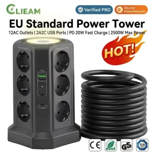 Clieam EU Multi Outlet Power Tower 12 AC Ports with 2A2C USB PD 20W 2500W Smart Socket CE GS Certified Extension Cord