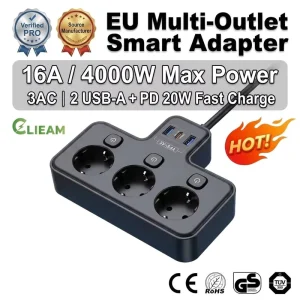 Clieam EU Standard Multi Outlet Smart Plug 3 AC 3 USB PD 20W Fast Charge 4000W Socket