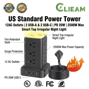 Clieam Multi-Plug US Power Strip Smart Night Light Power Tower PD 20W USB Charging Hub