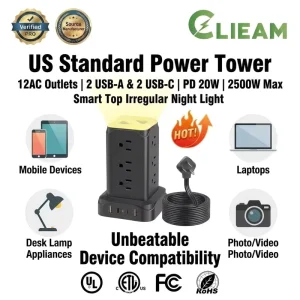 Clieam Office Power Tower US Standard 12 AC Outlets with PD 20W Fast USB C Charging Station
