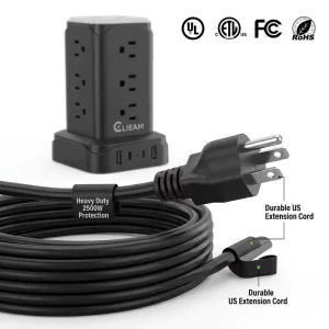 Clieam Professional US Power Tower PD 20W USB C Fast Charging Station 12 AC Extension Cord