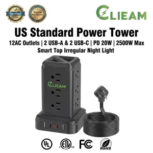 Clieam Smart Night Light Power Strip Tower US Standard 12 Outlets PD 20W USB C Charger Hub