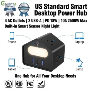 Clieam Smart Night Light Power Strip US Standard 4 Outlets 2 USB A Ports 1PD 18W Desktop Power Hub