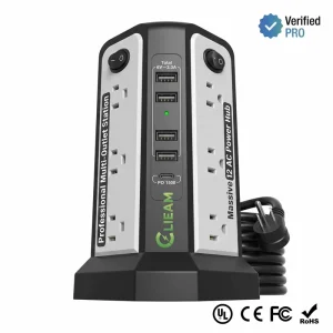 Clieam Smart US Tower Power Strip Hub 12 Outlets Surge Protector with USB C PD 18W Port