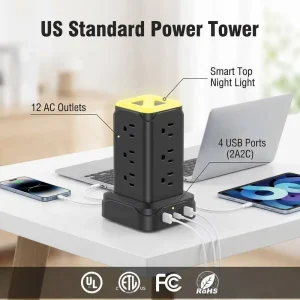 Clieam Space Saving US Desktop Station 12 AC Outlets 4 USB Smart Night Light Power Tower
