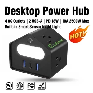 Clieam US Desktop Power Station with Auto Night Light 2500W 10A Power Strip PD 18W USB C Charger