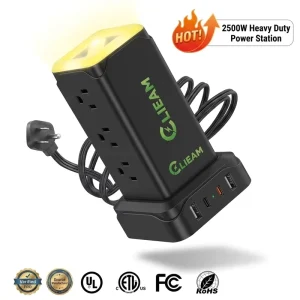 Clieam US Power Station 12 AC Outlets 2 USB-A Ports 1 Type-C 1 PD 20W Fast Charge Hub with Light