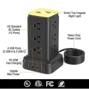 Clieam US Standard Power Tower 12 AC Outlets 2 USB-A 2 USB-C Ports PD 20W Fast Charging Desktop Hub