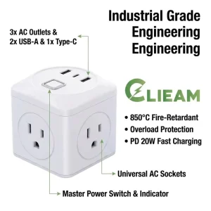 Clieam US Standard Smart Power Cube PD 20W Type-C 3 Outlets with 3 USB Ports Heavy Duty Hub