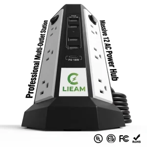 Clieam US Standard Smart Power Hub Tower 12 Way Outlet with USB-C PD Fast Charging Hub
