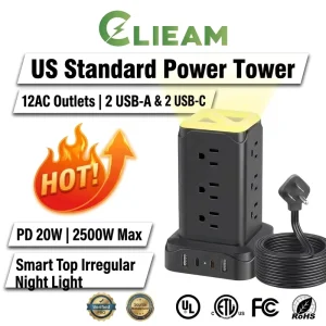 Clieam Vertical Power Strip US Plug 12 Outlets 4 USB PD 20W Fast Charge Desktop Power Tower