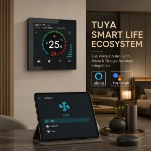 Color TFT Screen Intelligent Fan Coil Thermostat 220V or 24V Three speed Fan Smart Life and TUYA App Control Customizable