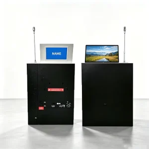 Compact Pop up Monitor Lift Ultra Thin Display With Built in Conference Mic & Digital Name Card for Paperless Smart Office Setup