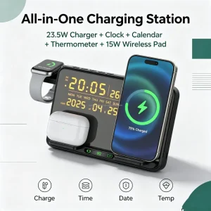 Corporate Gift Items 15W Fast Charging Foldable With Temperature Humidity Alarm Clock Display 6 in 1 Wireless Charger for Office
