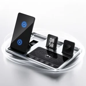 Corporate Gift Items Electric 15W Foldable 3 in 1 Wireless Charging Station with QC3.0 for iPhone Watch Earphone Alarm Clock