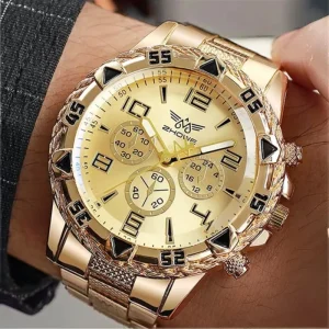 Custom 40mm Analog Quartz Watches Gold Alloy Luminous Dial Complete Calendar Stainless Steel Ribbon Band Water Waterproof Smart