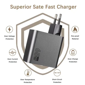 Custom 65W PD Type-C AC DC GaN Tech Phone Charger PC Fireproof EU IN US Plug Charger Adapter for Travel Portable