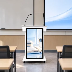 Custom Indoor Education Multimedia Podium Digital Lectern with Front Promotion Screen Optional Upper Touchscreen 1 Year Warranty