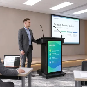 Custom Interactive Smart Lectern Podium Touch Screen LCD Display Microphone Indoor Classroom Training Conference Presentation