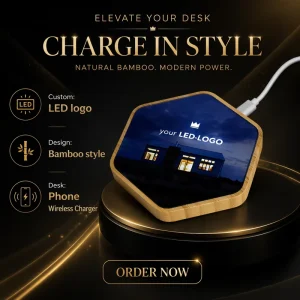 Custom LED Logo Bamboo Mobile Cell Phone 15W Wireless Charging Pad Fast Charger Wireless Charger