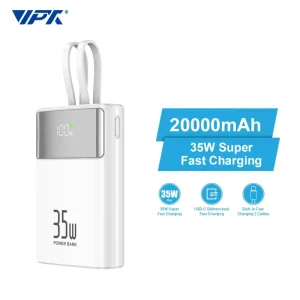 Custom LOGO High Quality Portable PD35W Mini Fast Charging Power Bank 20000mAh Smart Digital Display Dual Cables Phone Charger