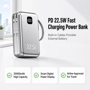 Custom Logo 20000mAh Power Bank 22.5W Super Fast Charge, Digital Display & Built-in AC Plug for Multi-Device Charging OEM/ODM