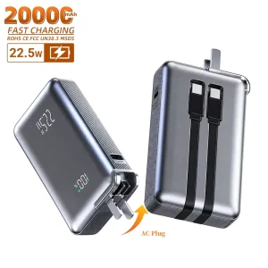 Custom Logo AC Plug 22.5W Portable Power Bank 20000mah With build-in Cables 20000 Mah Power Bank Mobile Phone