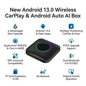 Custom Logo Android 13.0 CarPlay AI Box Qualcomm SM6225 8 Core 4G LTE Built in GPS Wireless CarPlay Auto Adapter