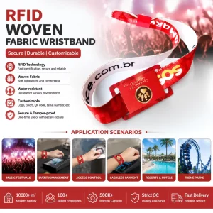 Custom Logo Fabric RFID Wristband for Music Festival – Elastic Woven NFC Bracelet with QR Code Printing for Event Access Control