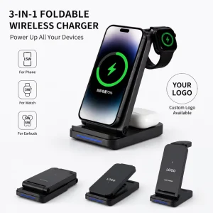 Custom Logo Gift Foldable Charger Stand Portable Fast Charge Dock 3 in 1 Wireless Charging Station