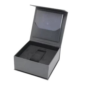 Custom Logo Luxury Black Waterproof Smart Watch Packaging Box Recyclable Paper Book Shaped Watch Storage Box with EVA Inserts