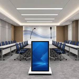 Custom Smart Conference Podium With Upper Touchscreen and Front Visual Display for Keynote Speech Delivery Stage