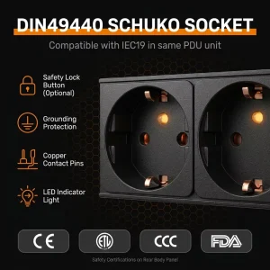 Customizable Germany PDU DIN49440 Schuko Power Strip with Adjustable Cable Length & Logo Print, 19″ Server Rack Mount PDU