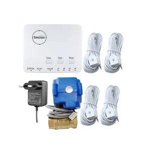 DN15 Valve Water Leak Alarm System with 4 Water Sensors 80dB Wired Flood Alert for Whole House & Batteries or 5V Plug Powered