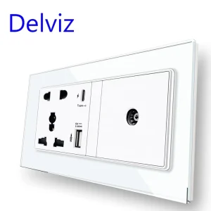 Delviz Multi Function Electric Outlet Universal 13A Power Panel 18W 3A Type C Smart Quick Charge USB Port Wall Cable TV Socket