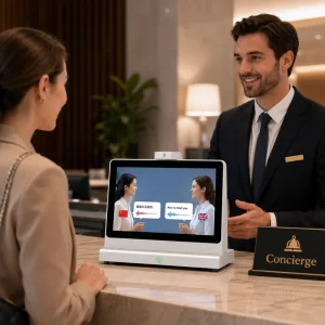 Desktop Language Translator Android 11 with Dual Display and AB Microphone Voice Separation for Noisy Service Counters