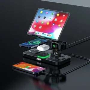 Desktop Wireless Charging Station Alarm Clock RGB Night Light 15W Charger Stand Bedroom Office Nightstand Tablet Smart Earphone