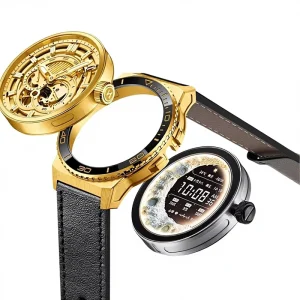 Detachable 999 Gold Smart Watch Dual Movement AMOLED 50m Waterproof Water Resistant Android/iOS Leather Band Sleep Tracking OEM