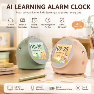 Dinosaur Kids Alarm Clock AI Desktop Learning Clock with Weather Forecast App Control WiFi Touch Screen Clock for Boys Girls