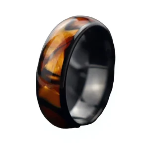 Domed Black Ceramic Smart NFC Ring With Imitated Tiger Eye Inlay