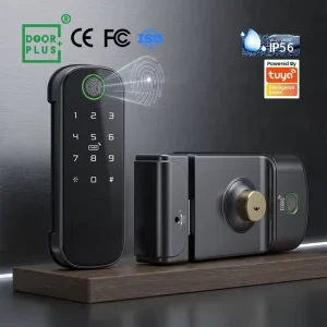 Doorplus Cerradura Inteligente Smart Wifi Rim Lock No Hole Electronic Gate Lock with Fingerprint Code TUYA Smart Lock
