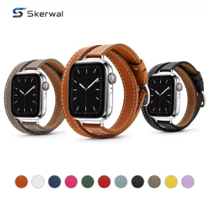 Double Tour Leather Band for Apple Watch Series 4 6 7 8 9 SE Genuine Leather Metal Buckle Elegant Stitching Daily Wear Strap