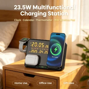 Dropshipping New Arrival 15W Fast Charging With Temperature Humidity Alarm Clock Display for Home Office 6 in 1 Wireless Charger
