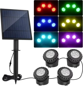 Dual Battery Solar Powered Submersible Spotlight 4 Lights 6V 5W RGB Underwater Pool Light IP68 Waterproof Garden Pond Lamp